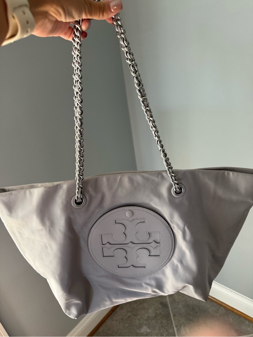 Tory Burch Light Gray Ella Tote Chain Strap Logo Tote